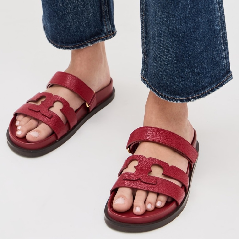 Tory Burch InesRed Leather Double-Strap Logo Slide Sandals